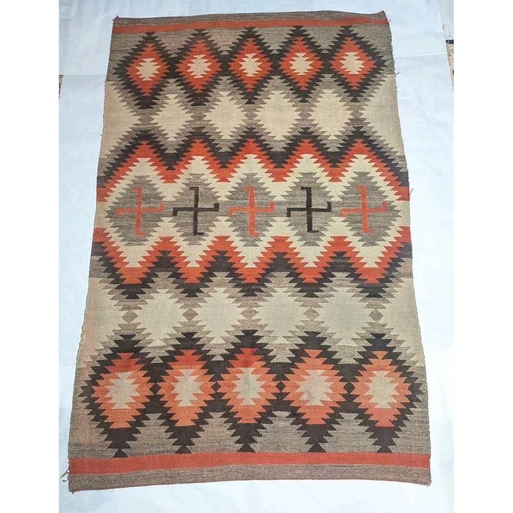 1930s Whirling Log Navajo Rug Hand Woven Native American 84" X 54" Good Luck